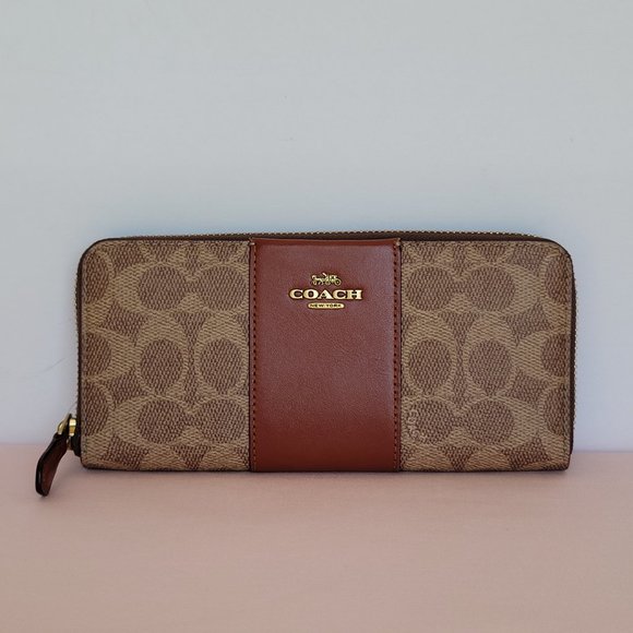 COACH Signature Logo Coated Canvas & Leather Slim Accordion Zip Wallet- Tan Rust - Picture 6 of 16